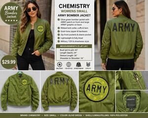 Chemistry Womens Small Army Bomber Jacket Olive Green Military Patch Zip Y2K